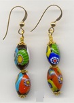 Two Millefiori, Oval Bead, Dangle Earrings